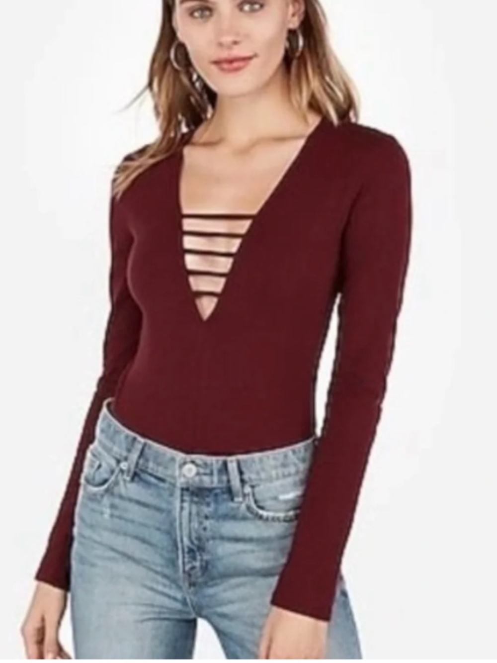 Express Long Sleeve V-Neck Burgundy Body Suit Size XS